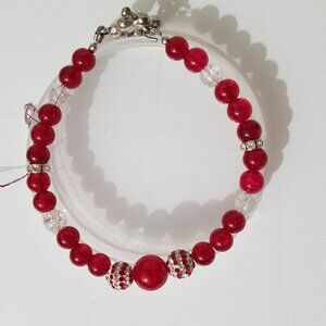 Hand Crafted Bracelet Crackle Beads Crystals Red Clear with Crystal Toggle Clasp